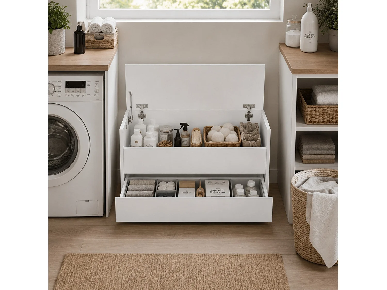 The White Stone Sitzbank mit Stauraum Weiß mit Unterer Schublade und Innenfach | Flurbank Platzsparend mit Soft Close | Schuhbank Mehrzwecktruhe 90x40x46 cm