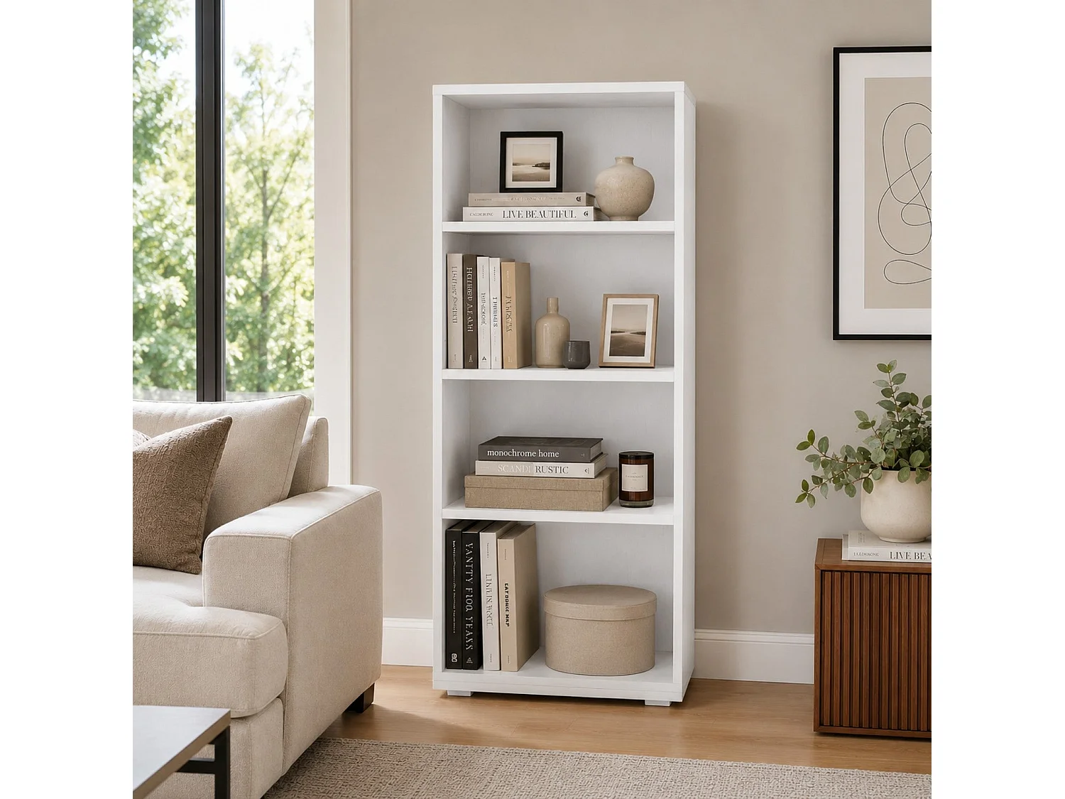 The White Stone Hvit Plassbesparende Bokhylle med 3 Justerbare Hyller | Moderne Bok- og Permhylle | Loddrett Reolmøbel til Stue, Kontor og Arbeidsrom 60×30×130 cm