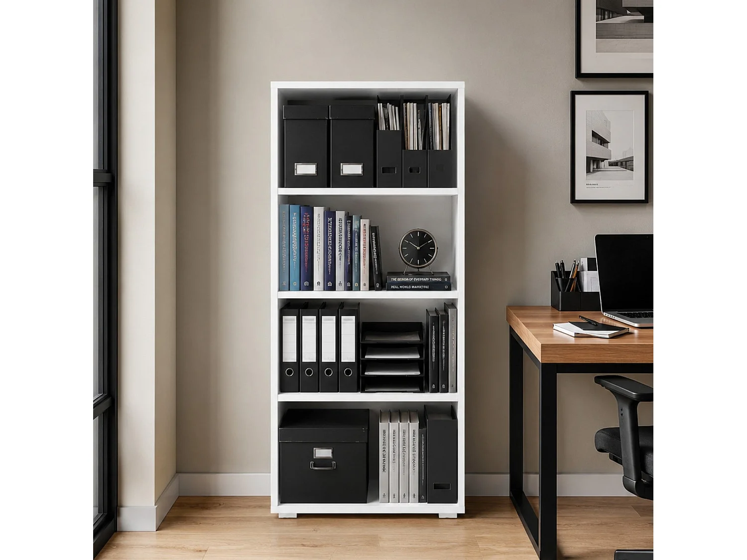 The White Stone Hvit Plassbesparende Bokhylle med 3 Justerbare Hyller | Moderne Bok- og Permhylle | Loddrett Reolmøbel til Stue, Kontor og Arbeidsrom 60×30×130 cm