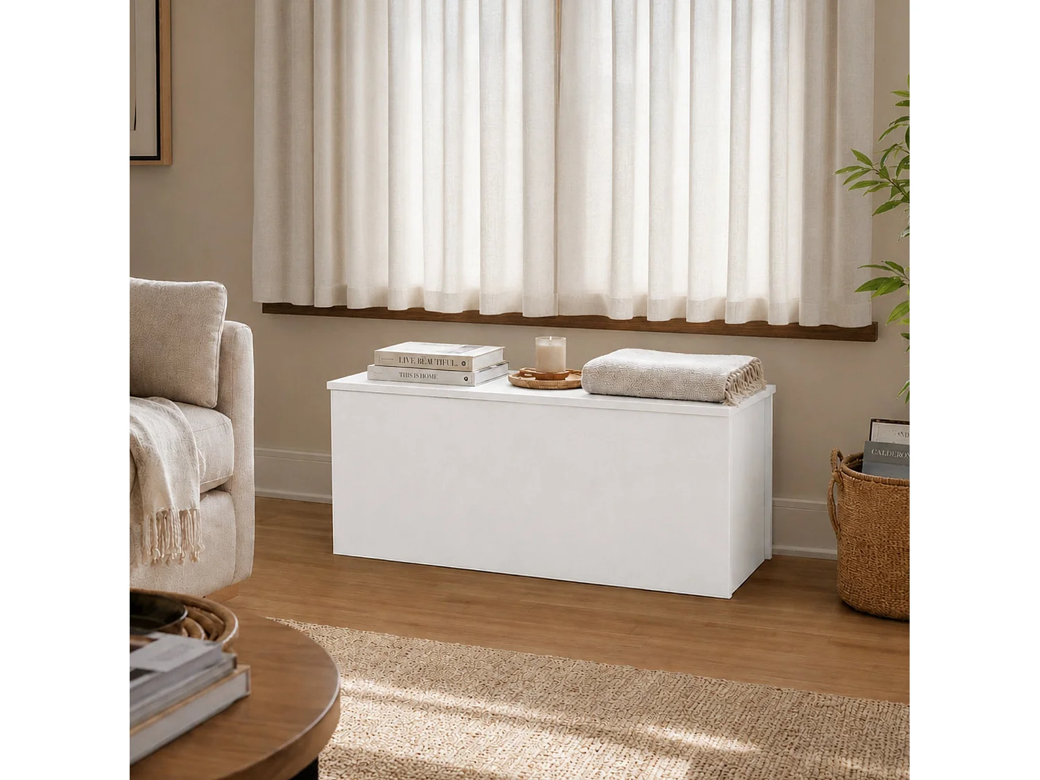The White Stone Weißer Truhenbank Groß Stauraum Soft Close Deckel | Moderne Aufbewahrung Bank | 90x45x45 cm