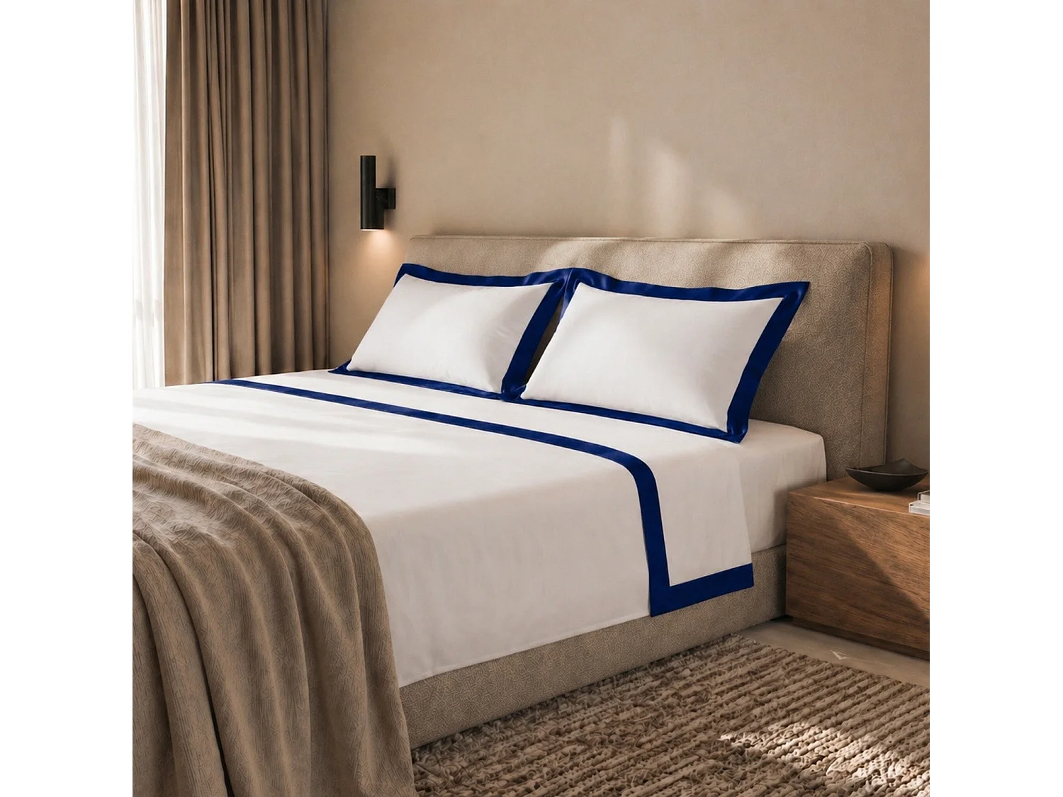 Bettwäsche-Set 120 cm 100% Baumwolle mit Satin-Bordüre Blau | Bettlaken 190x295 cm, Spannbettlaken 130x200 cm und 1 Kissenbezug im Set