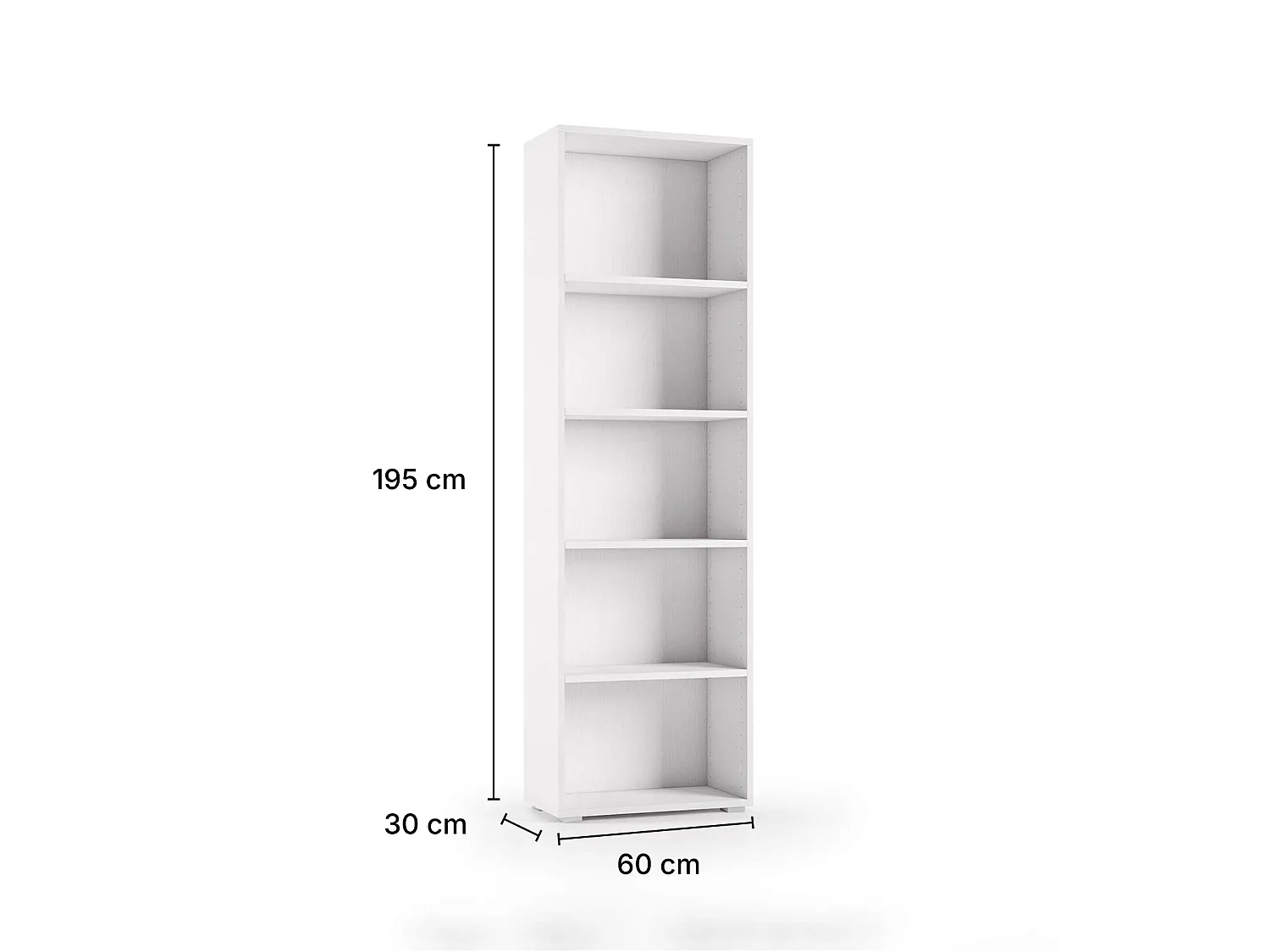 The White Stone Høy Hvit Loddrett Bokhylle med 5 Justerbare Hyller | Moderne Møbel til Hjem, Kontor og Arbeidsrom 60×30×195 cm