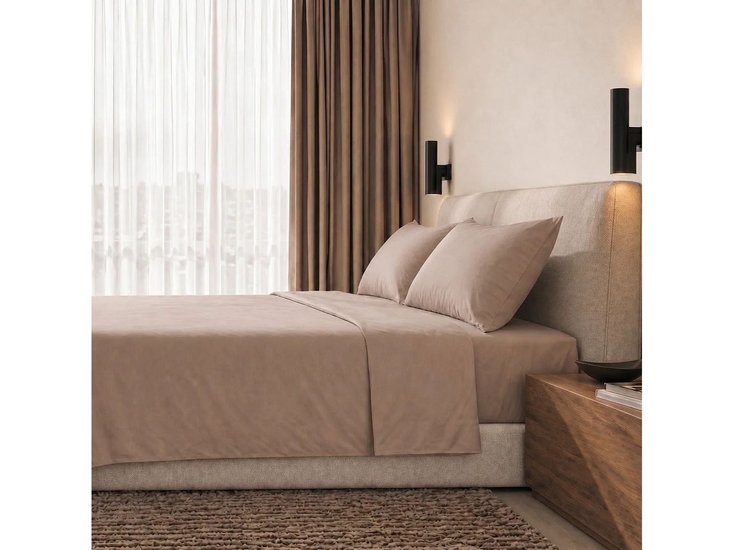 Parure de Lit 2 Personnes en Percale de Coton 200 TC | Drap Housse, Drap Plat et 2 Taies d’Oreiller | Mocha | Made in Italy