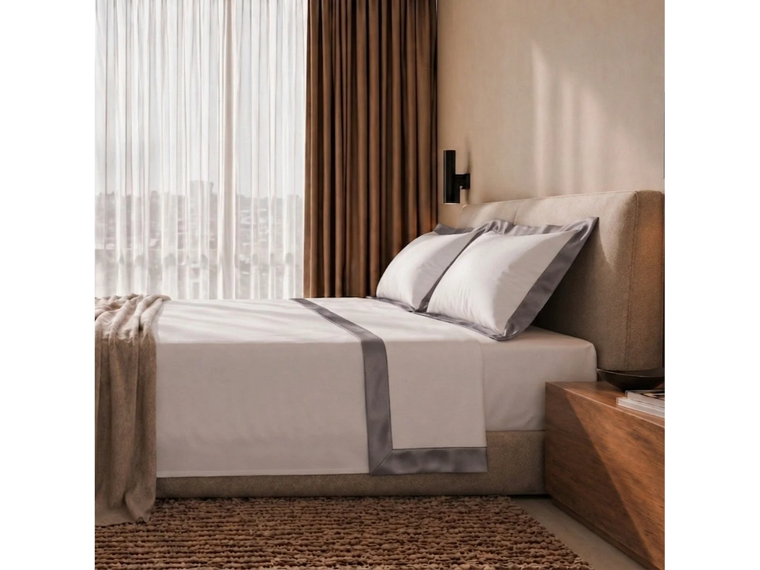 Bettwäsche-Set Einzelbett 100% Baumwolle mit Satin-Bordüre Grau | Bettlaken 160x295 cm, Spannbettlaken 90x200 cm und 1 Kissenbezug im Set