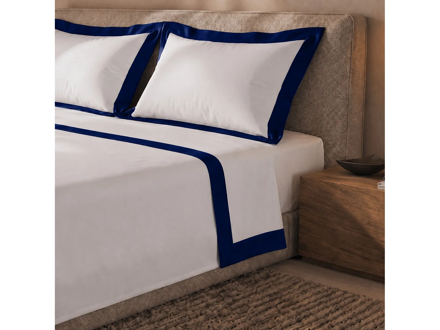 Bettwäsche-Set Einzelbett 100% Baumwolle mit Satin-Bordüre Blau | Bettlaken 160x295 cm, Spannbettlaken 90x200 cm und 1 Kissenbezug im Set