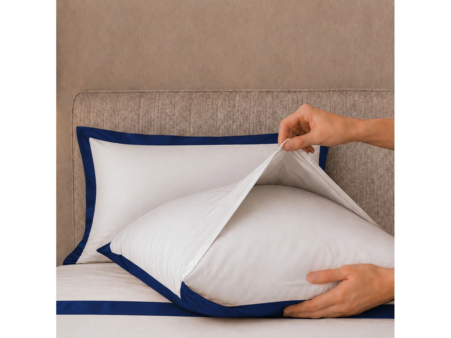 Bettwäsche-Set Einzelbett 100% Baumwolle mit Satin-Bordüre Blau | Bettlaken 160x295 cm, Spannbettlaken 90x200 cm und 1 Kissenbezug im Set