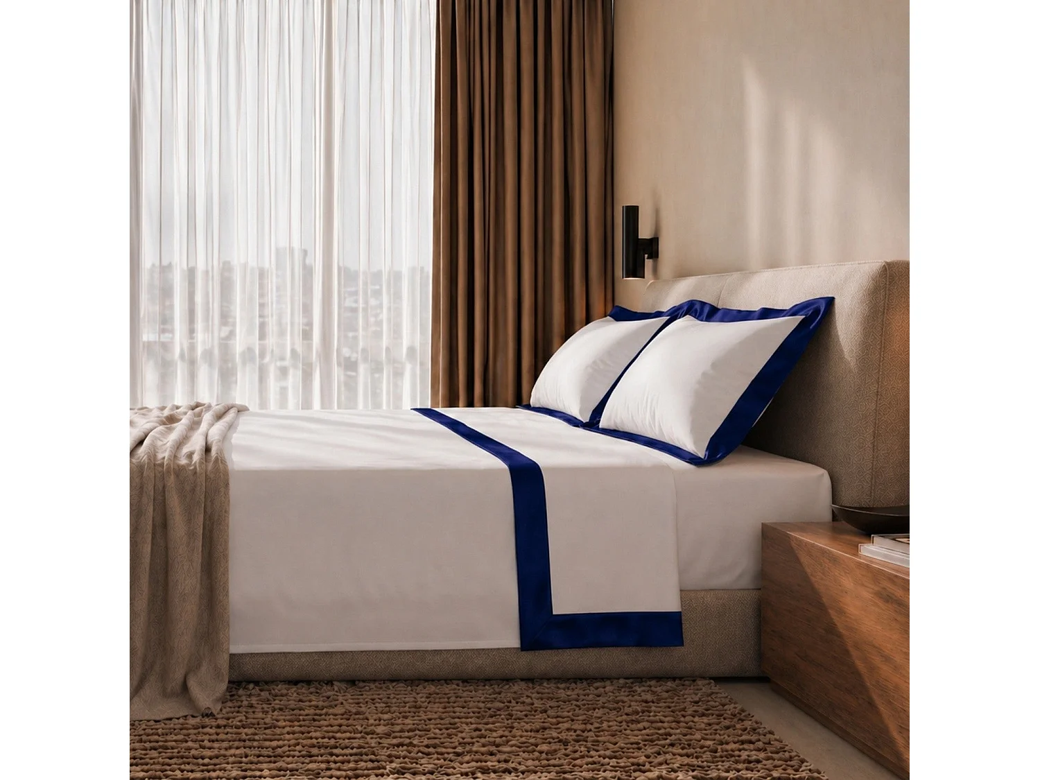 Bettwäsche-Set Einzelbett 100% Baumwolle mit Satin-Bordüre Blau | Bettlaken 160x295 cm, Spannbettlaken 90x200 cm und 1 Kissenbezug im Set