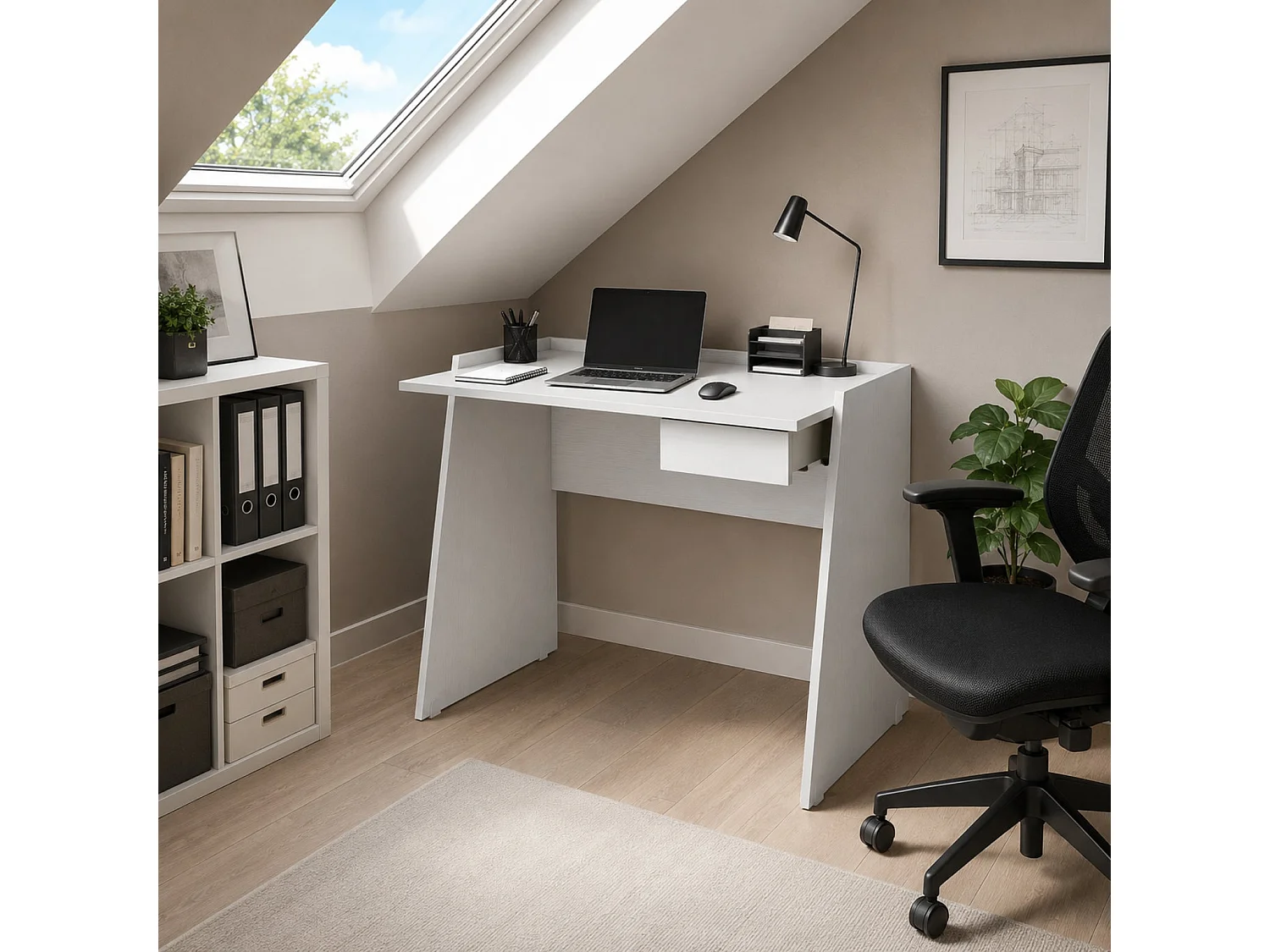 The White Stone Weißer Schreibtisch Modern Mit Schublade Beton Optik | Computertisch Home Office Büro | 90x60x80 cm