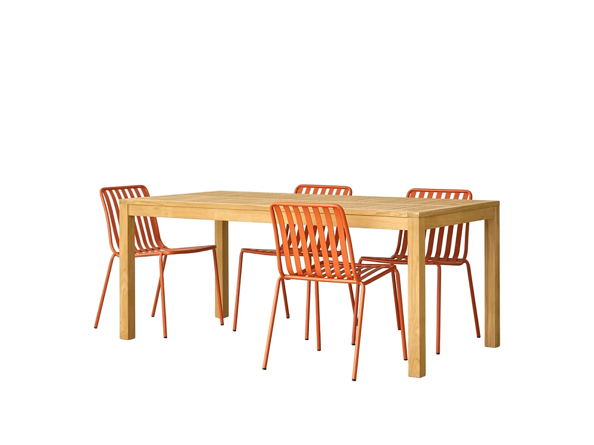 Teo - Gartenmöbel Set aus massivem Teak und orangefarbenem Metall 4 Stühle