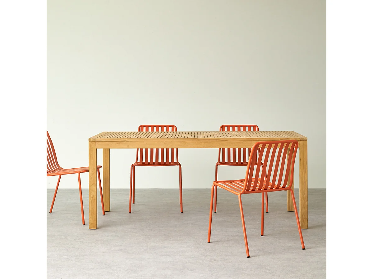 Teo - Gartenmöbel Set aus massivem Teak und orangefarbenem Metall 4 Stühle