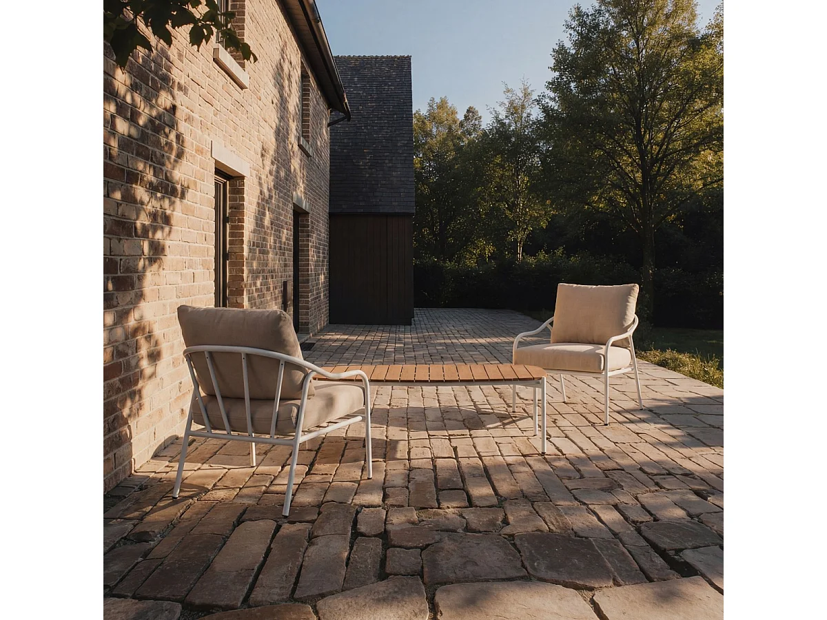 Gartenlounge aus naturfarbenem Stoff und weißem Metall, 2-Sitzer Luca