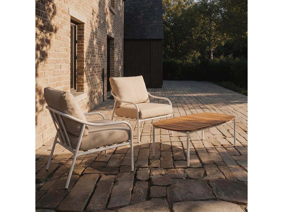 Gartenlounge aus naturfarbenem Stoff und weißem Metall, 2-Sitzer Luca