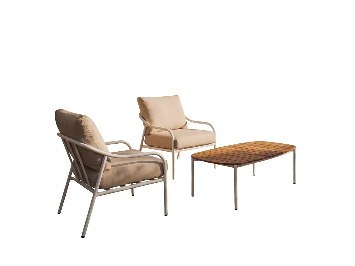 Gartenlounge aus naturfarbenem Stoff und weißem Metall, 2-Sitzer Luca