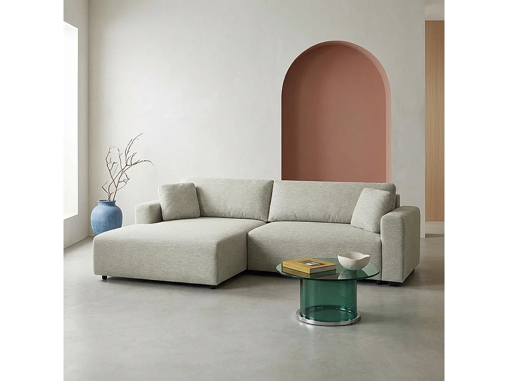 Canapé d'angle gauche convertible 3 places tissu avec coffre gris clair - Wide