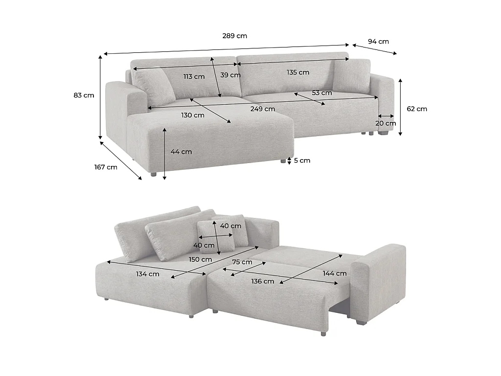 Canapé d'angle gauche convertible 3 places tissu avec coffre gris foncé - Wide