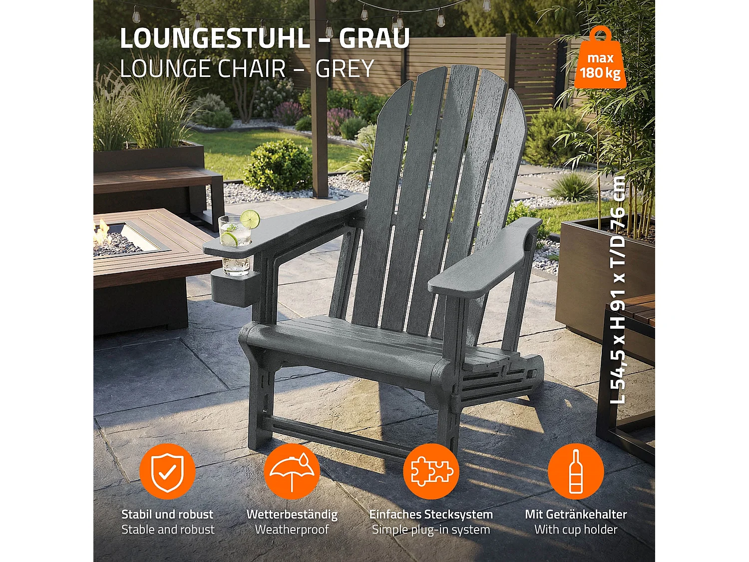 ML-Design Sedia adirondack da giardino grigia con portabicchieri in plastica effetto legno sedia a sdraio poltrona da esterno resistente alle intemper