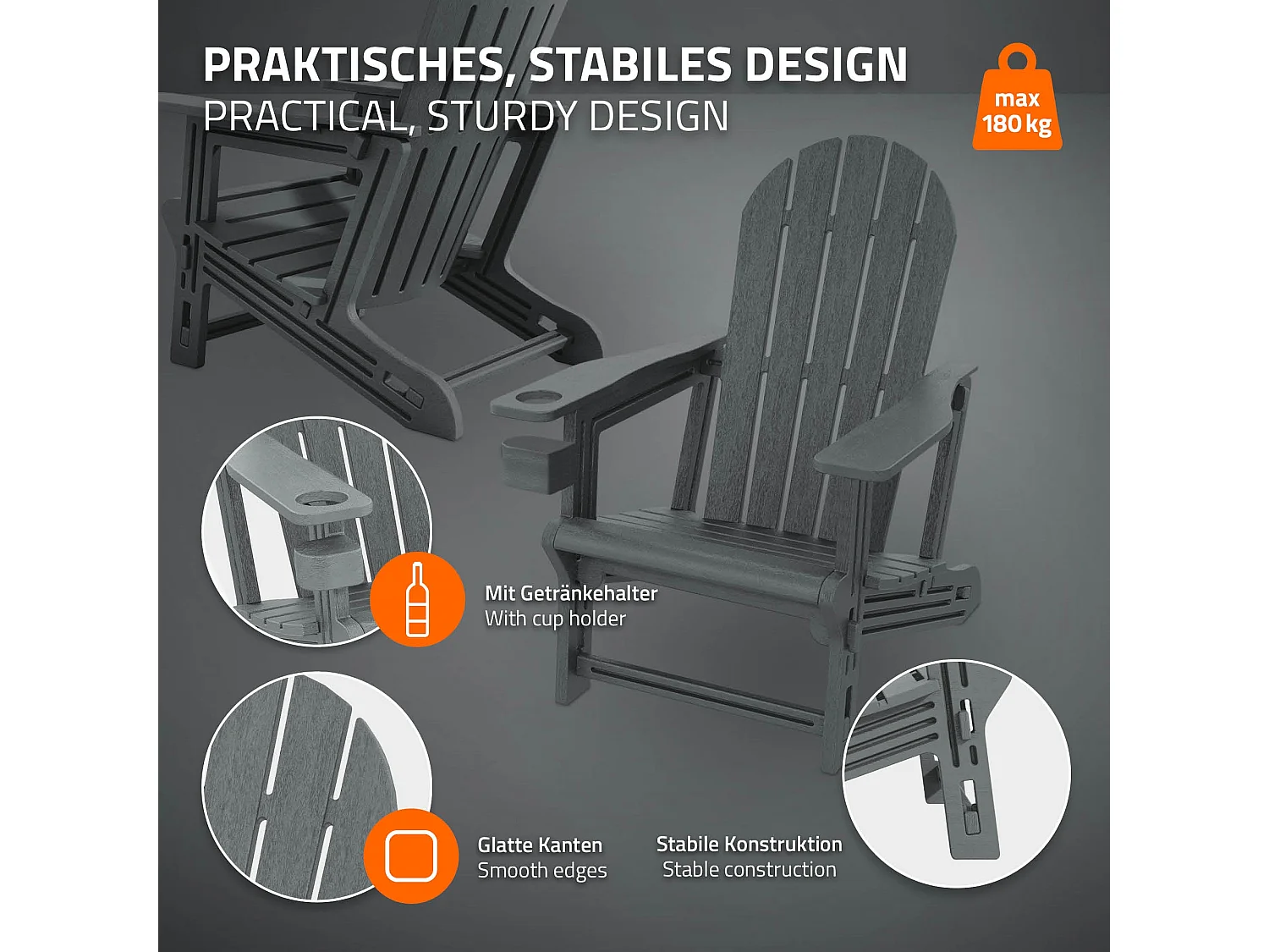 ML-Design Sedia adirondack da giardino grigia con portabicchieri in plastica effetto legno sedia a sdraio poltrona da esterno resistente alle intemper