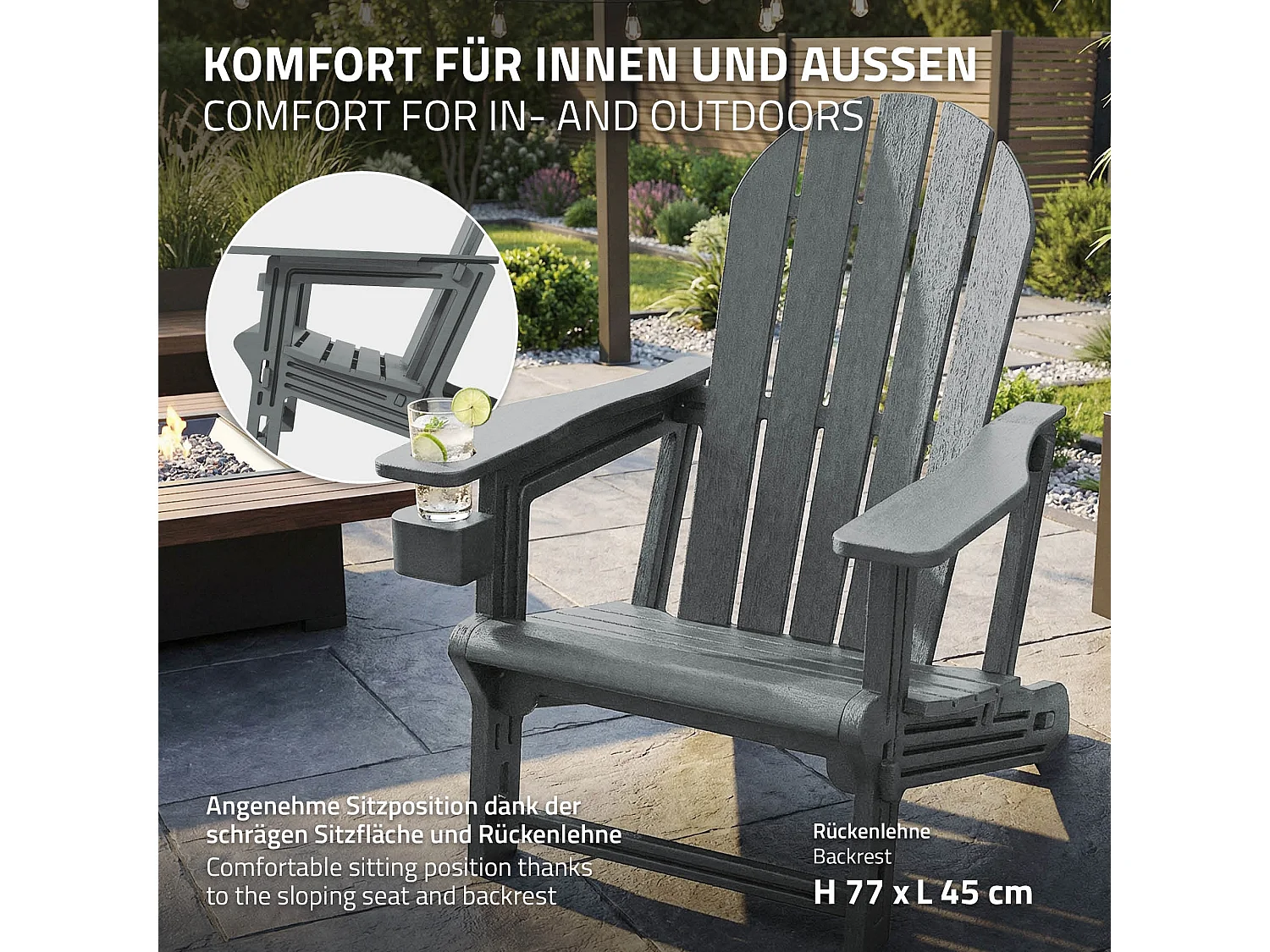 ML-Design Sedia adirondack da giardino grigia con portabicchieri in plastica effetto legno sedia a sdraio poltrona da esterno resistente alle intemper