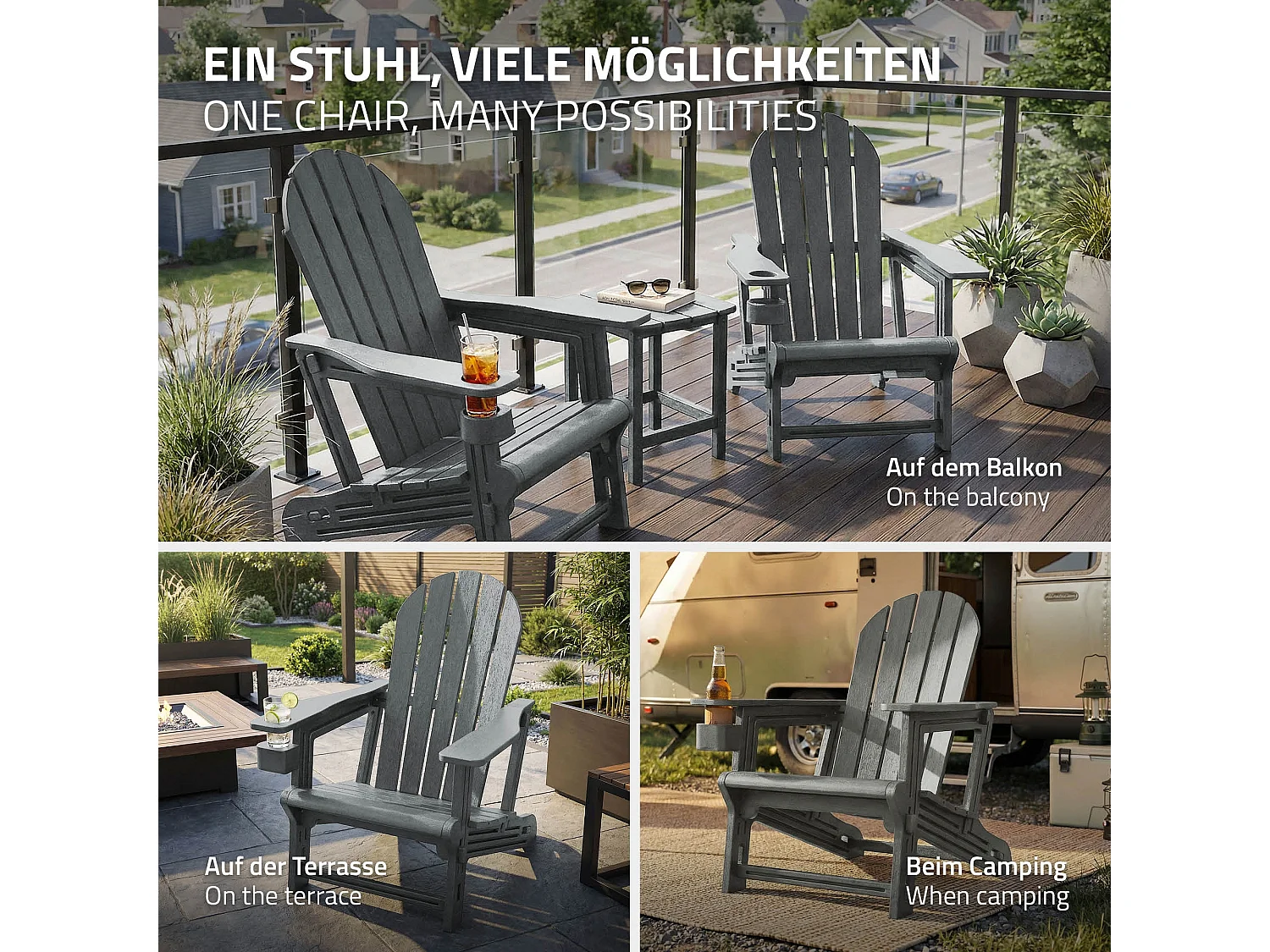 ML-Design Sedia adirondack da giardino grigia con portabicchieri in plastica effetto legno sedia a sdraio poltrona da esterno resistente alle intemper