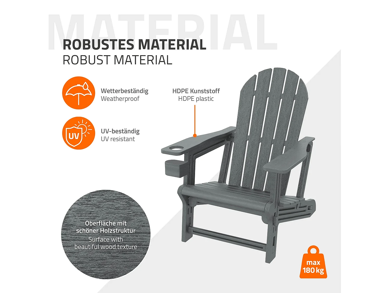 ML-Design Sedia adirondack da giardino grigia con portabicchieri in plastica effetto legno sedia a sdraio poltrona da esterno resistente alle intemper