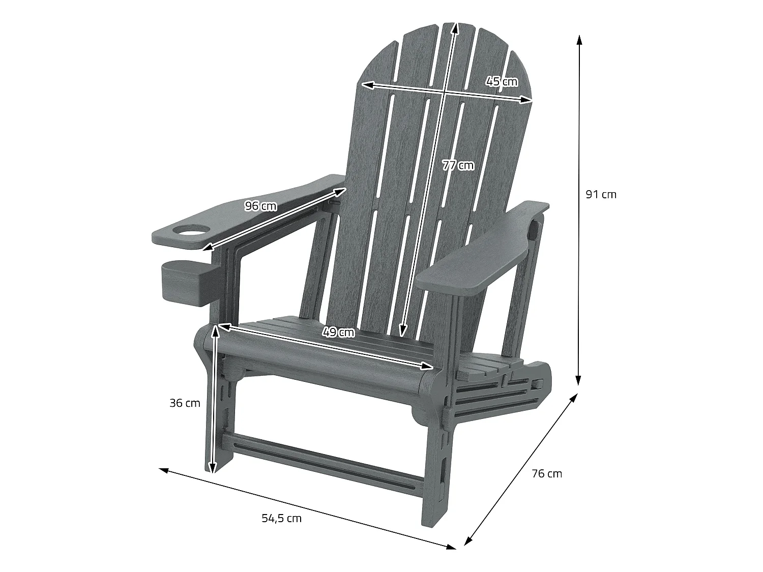 ML-Design Sedia adirondack da giardino grigia con portabicchieri in plastica effetto legno sedia a sdraio poltrona da esterno resistente alle intemper