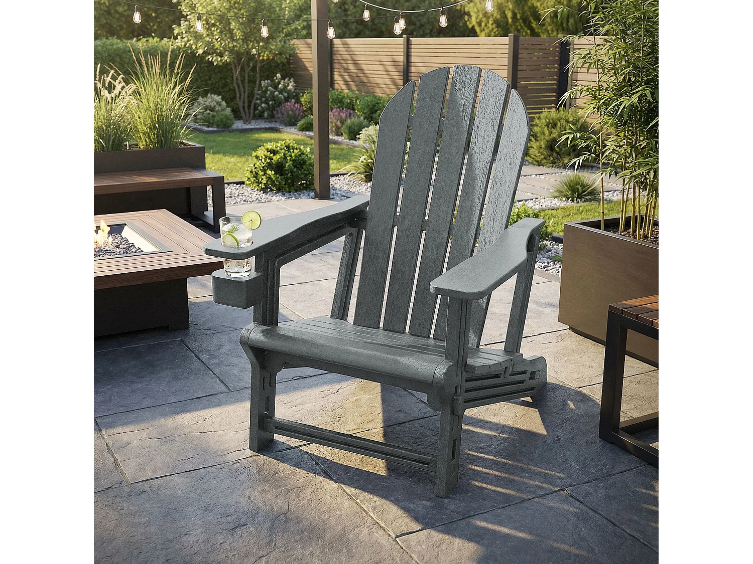 ML-Design Sedia adirondack da giardino grigia con portabicchieri in plastica effetto legno sedia a sdraio poltrona da esterno resistente alle intemper