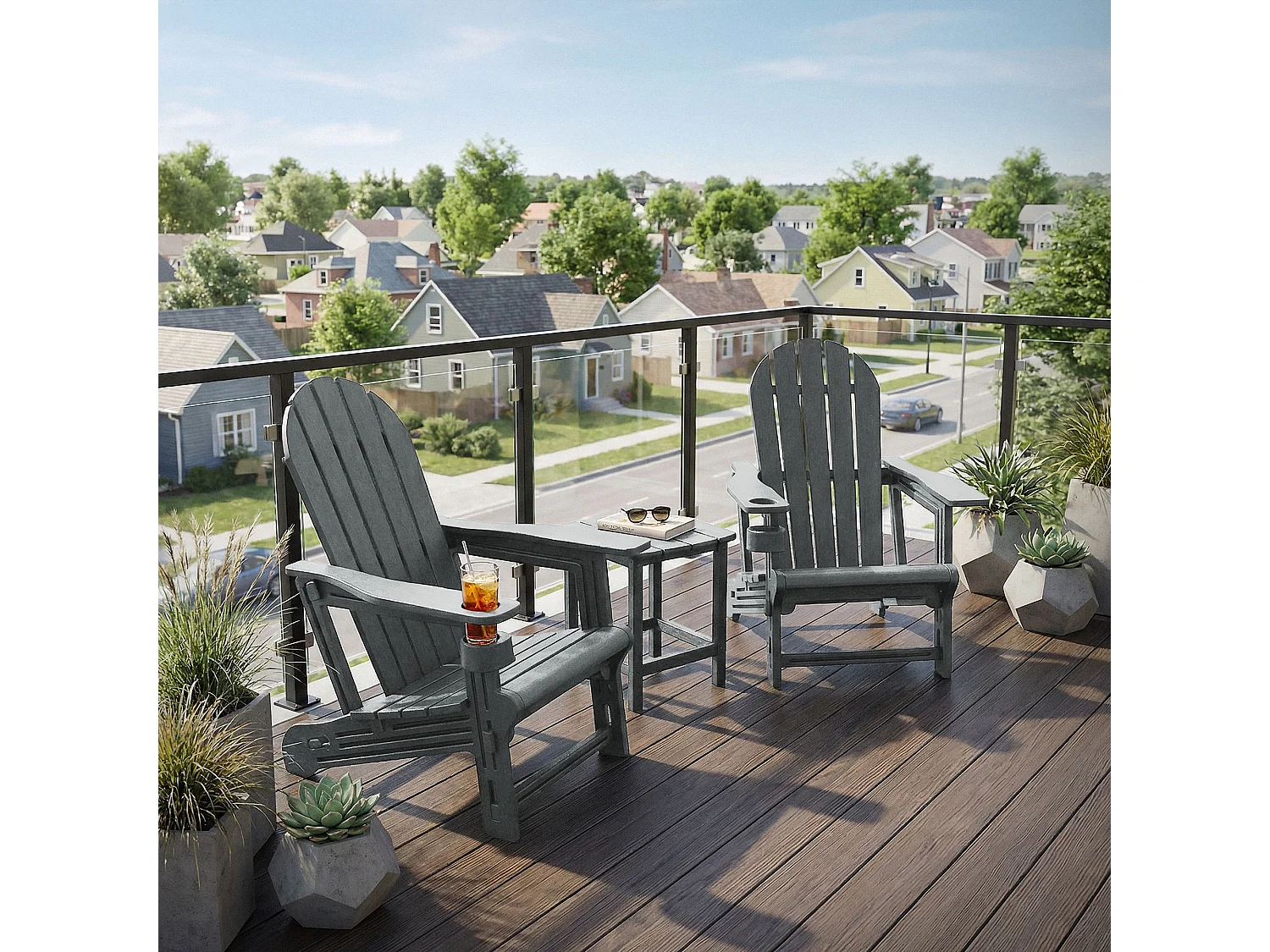 ML-Design Sedia adirondack da giardino grigia con portabicchieri in plastica effetto legno sedia a sdraio poltrona da esterno resistente alle intemper