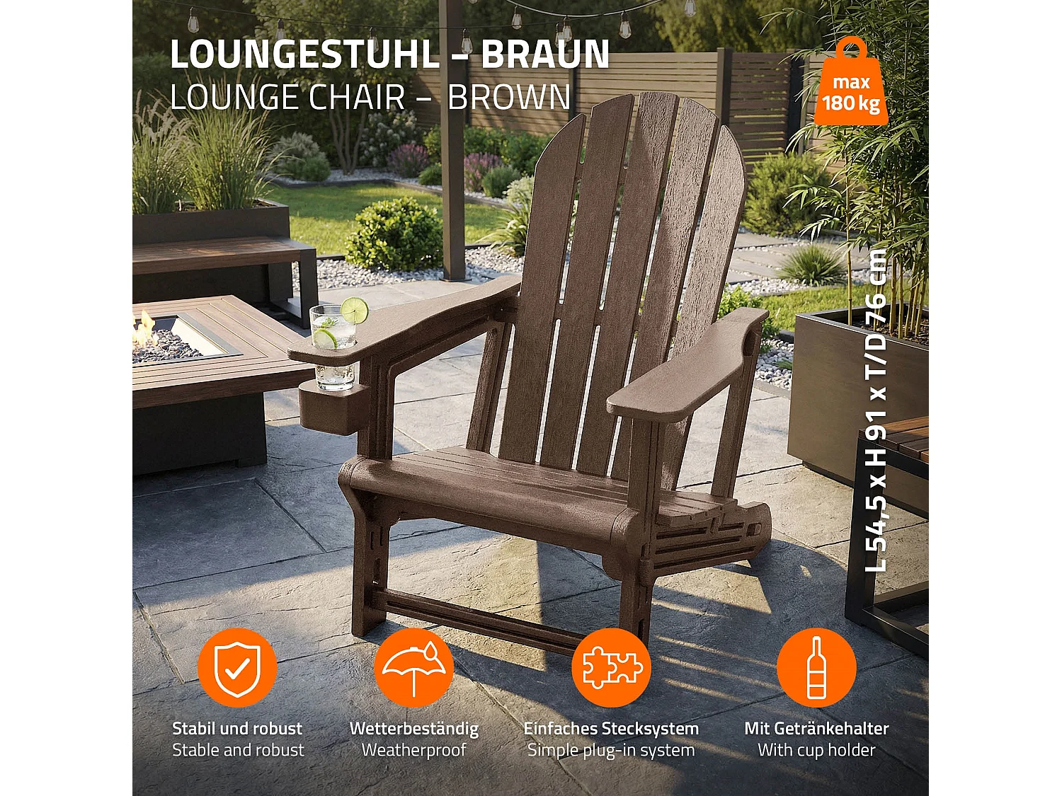 Chaise adirondack marron en plastique HDPE aspect bois avec porte-gobelet siège de jardin résistant aux intempéries montage facile fauteuil extérieur