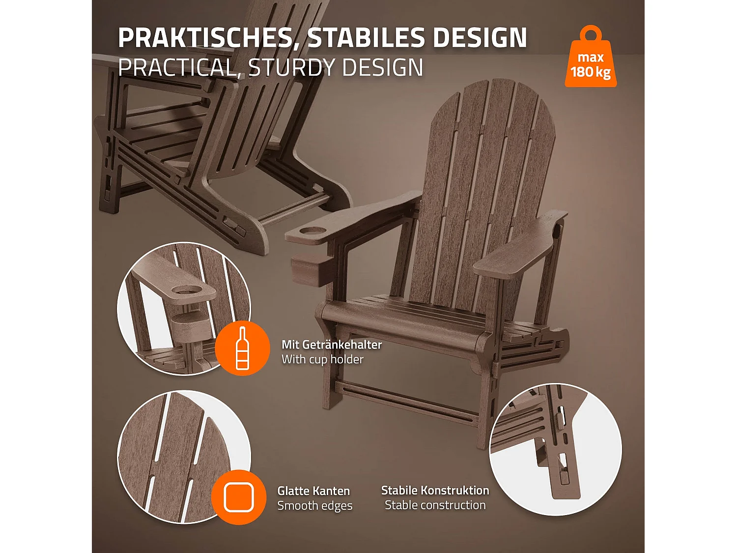 Chaise adirondack marron en plastique HDPE aspect bois avec porte-gobelet siège de jardin résistant aux intempéries montage facile fauteuil extérieur
