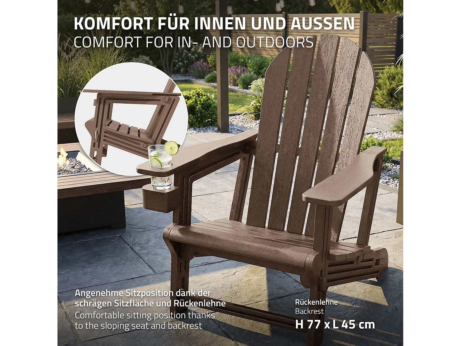Chaise adirondack marron en plastique HDPE aspect bois avec porte-gobelet siège de jardin résistant aux intempéries montage facile fauteuil extérieur