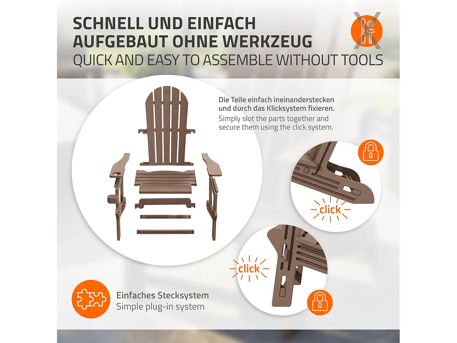 Chaise adirondack marron en plastique HDPE aspect bois avec porte-gobelet siège de jardin résistant aux intempéries montage facile fauteuil extérieur
