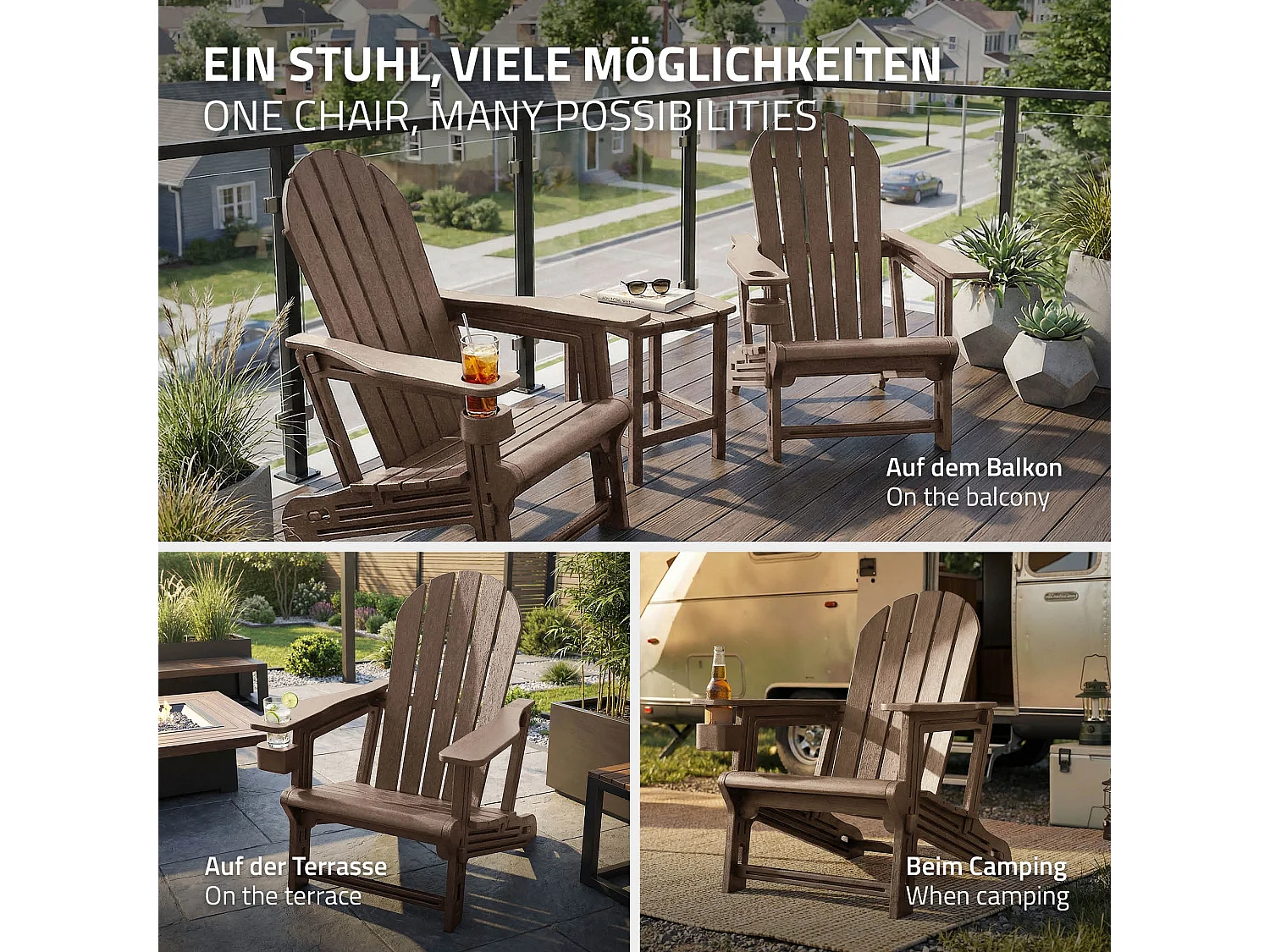 Chaise adirondack marron en plastique HDPE aspect bois avec porte-gobelet siège de jardin résistant aux intempéries montage facile fauteuil extérieur
