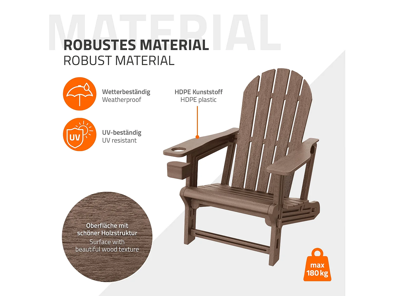 Chaise adirondack marron en plastique HDPE aspect bois avec porte-gobelet siège de jardin résistant aux intempéries montage facile fauteuil extérieur