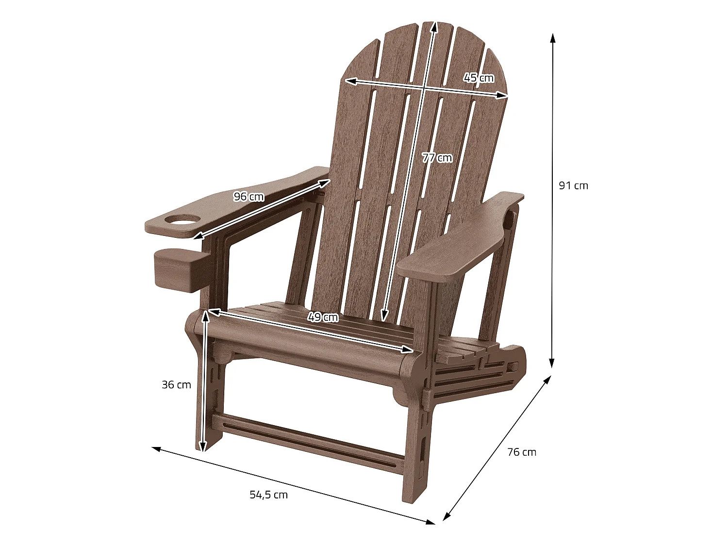 Chaise adirondack marron en plastique HDPE aspect bois avec porte-gobelet siège de jardin résistant aux intempéries montage facile fauteuil extérieur