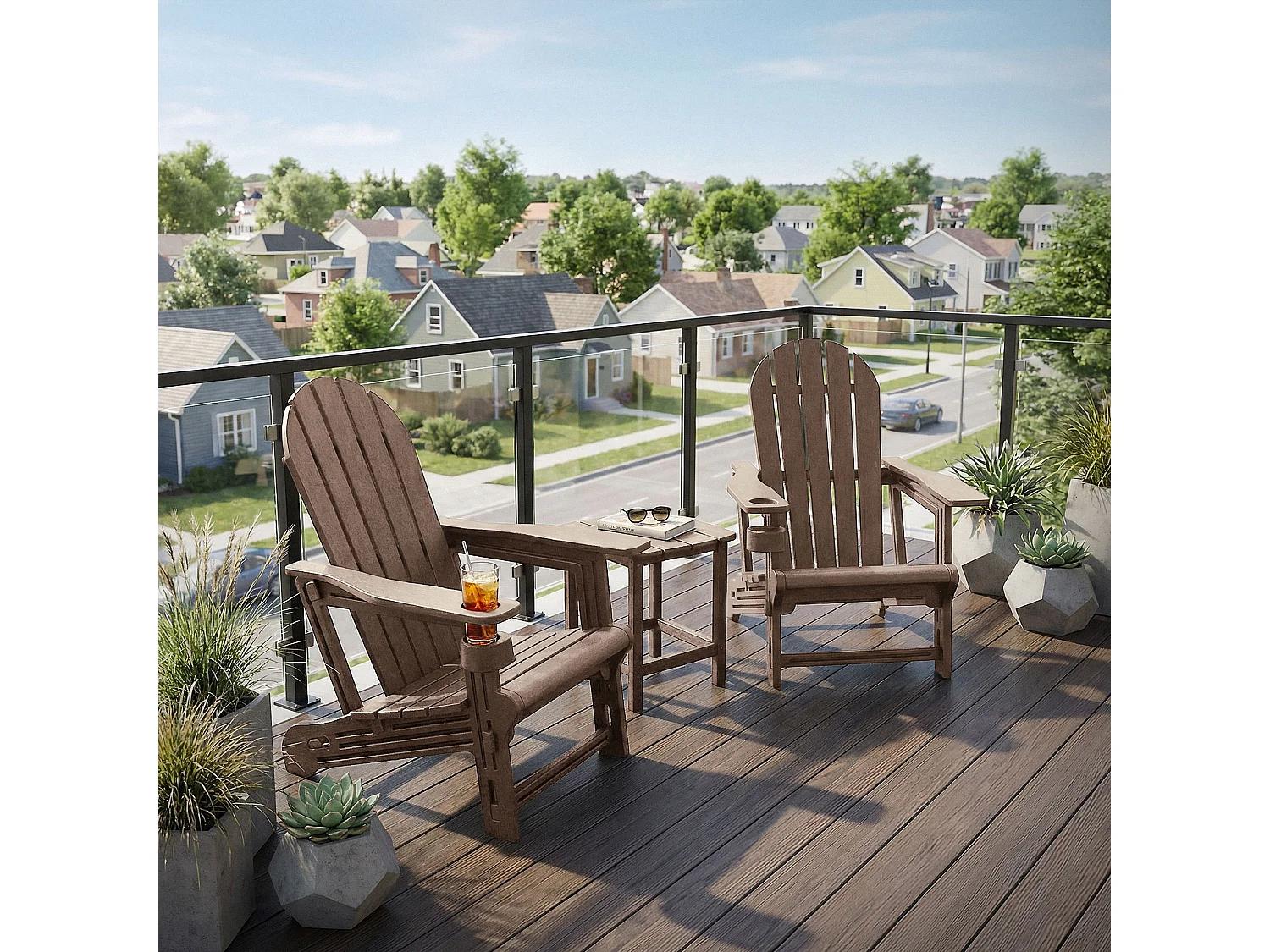 Chaise adirondack marron en plastique HDPE aspect bois avec porte-gobelet siège de jardin résistant aux intempéries montage facile fauteuil extérieur