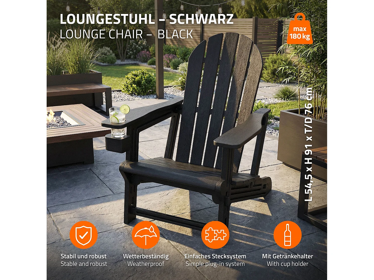 ML-Design Sedia adirondack da giardino nera con portabicchieri in plastica effetto legno sedia a sdraio poltrona da esterno resistente alle intemperie