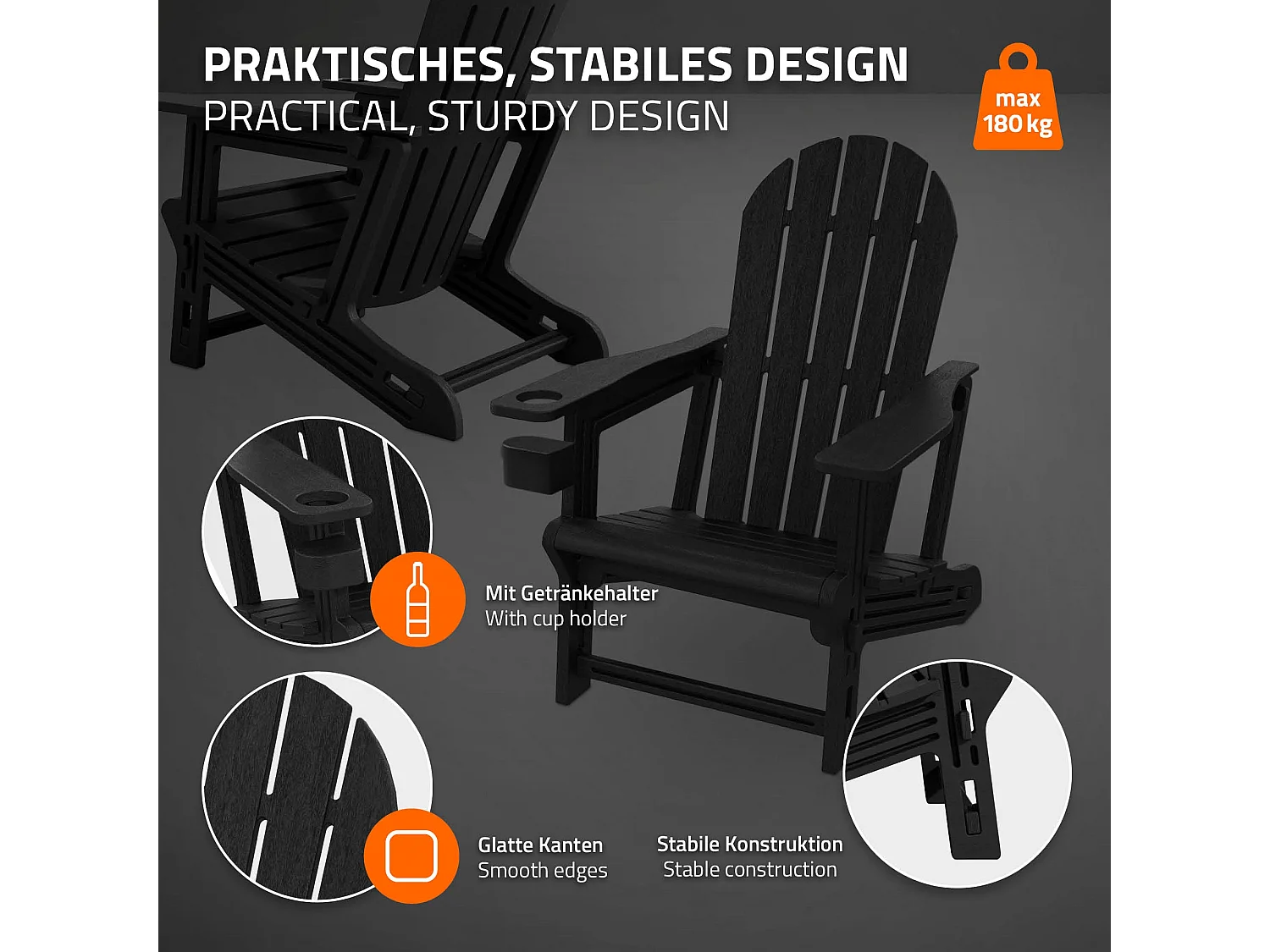 ML-Design Sedia adirondack da giardino nera con portabicchieri in plastica effetto legno sedia a sdraio poltrona da esterno resistente alle intemperie