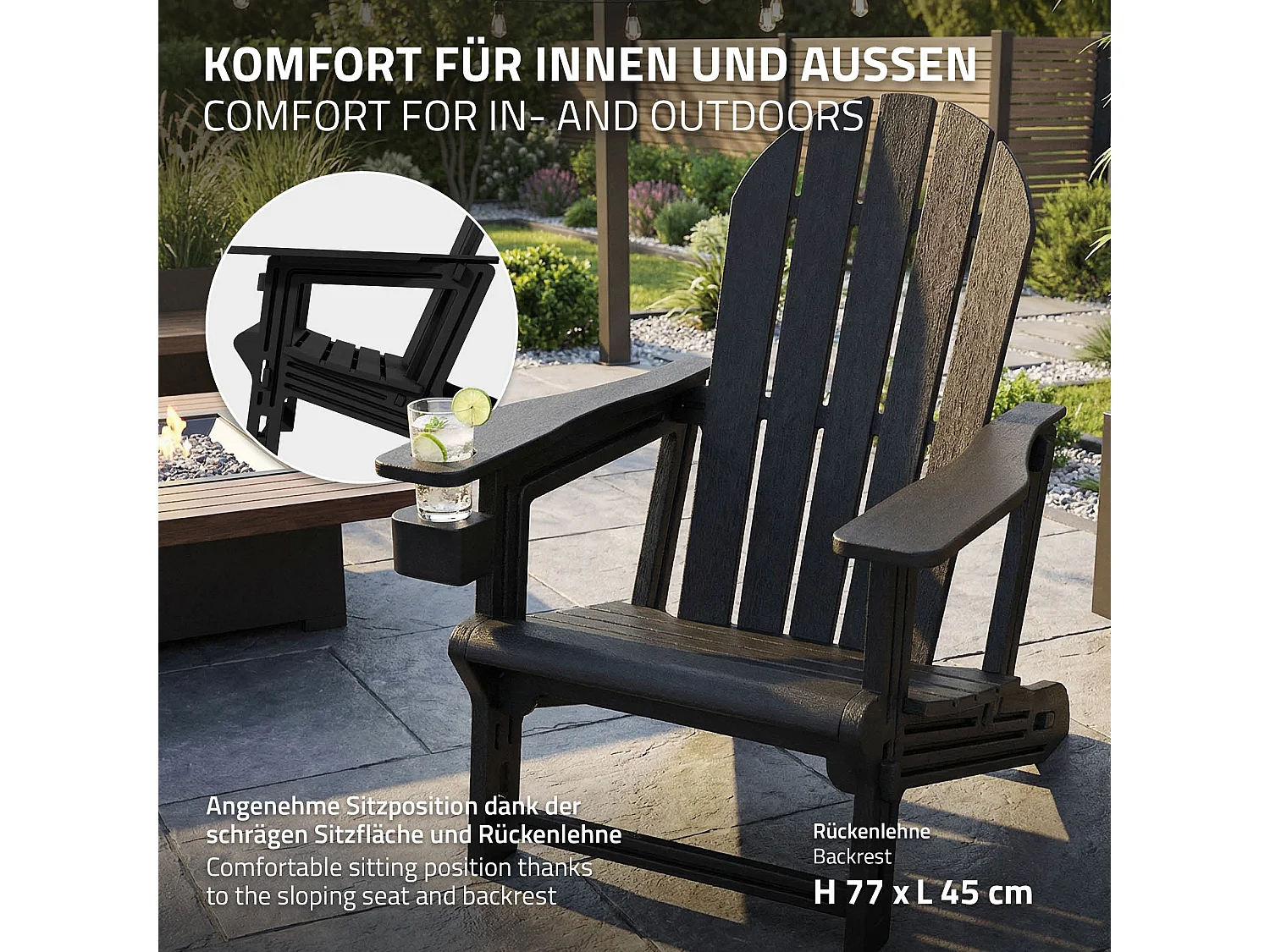 ML-Design Sedia adirondack da giardino nera con portabicchieri in plastica effetto legno sedia a sdraio poltrona da esterno resistente alle intemperie