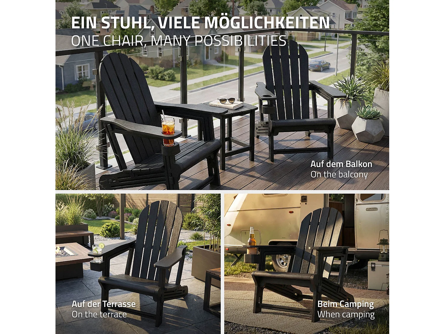 ML-Design Sedia adirondack da giardino nera con portabicchieri in plastica effetto legno sedia a sdraio poltrona da esterno resistente alle intemperie