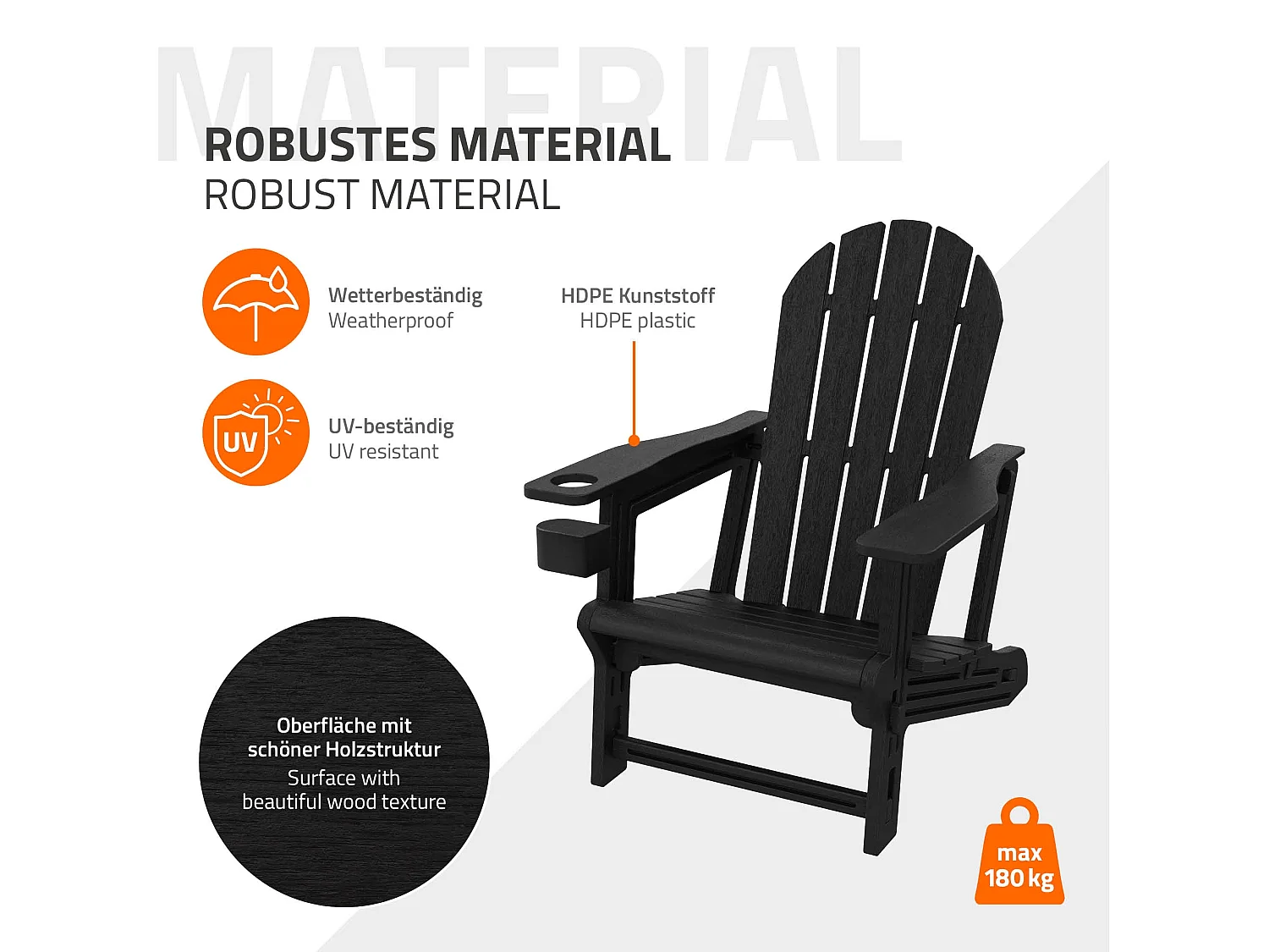 ML-Design Sedia adirondack da giardino nera con portabicchieri in plastica effetto legno sedia a sdraio poltrona da esterno resistente alle intemperie