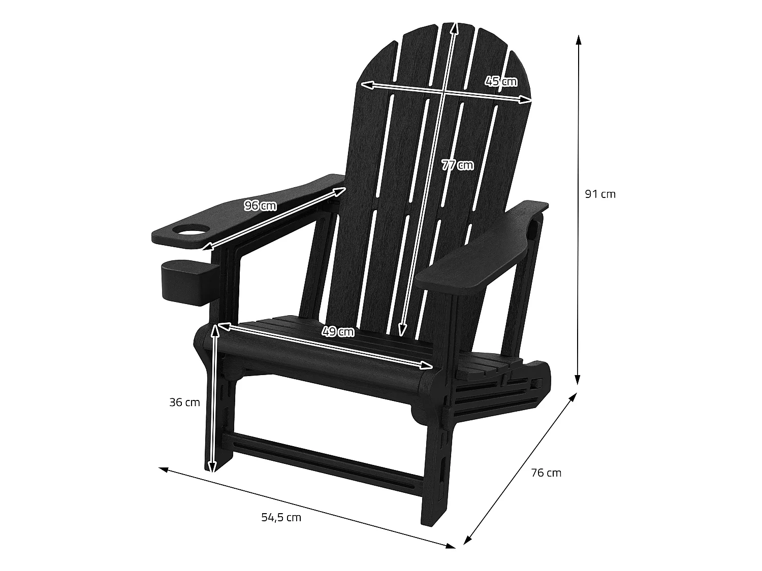 ML-Design Sedia adirondack da giardino nera con portabicchieri in plastica effetto legno sedia a sdraio poltrona da esterno resistente alle intemperie