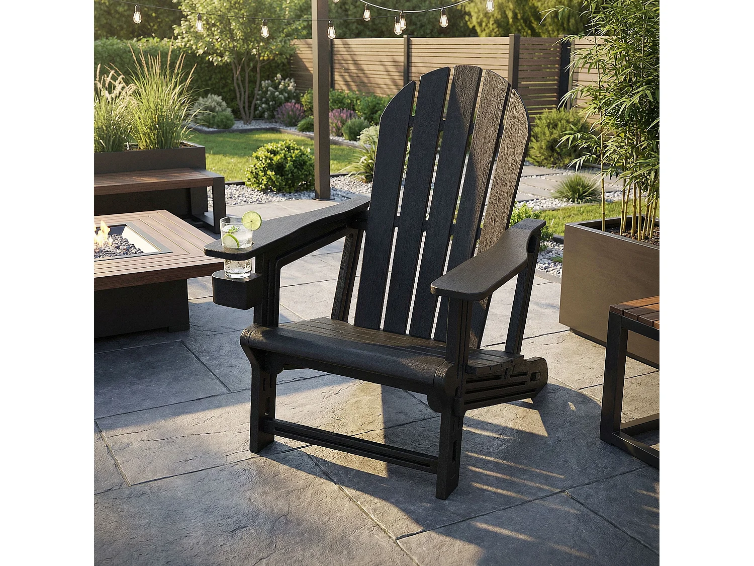 ML-Design Sedia adirondack da giardino nera con portabicchieri in plastica effetto legno sedia a sdraio poltrona da esterno resistente alle intemperie