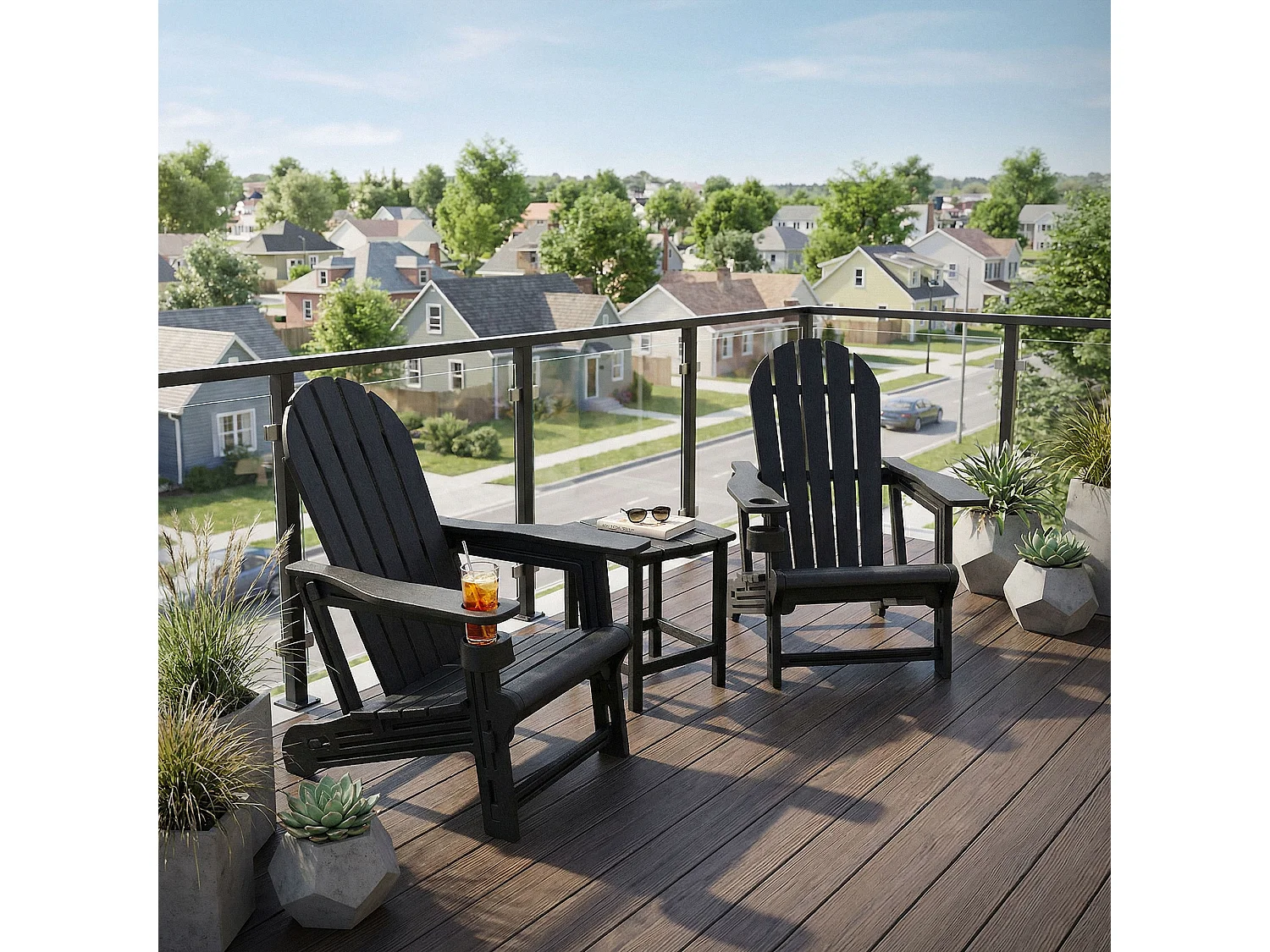 ML-Design Sedia adirondack da giardino nera con portabicchieri in plastica effetto legno sedia a sdraio poltrona da esterno resistente alle intemperie
