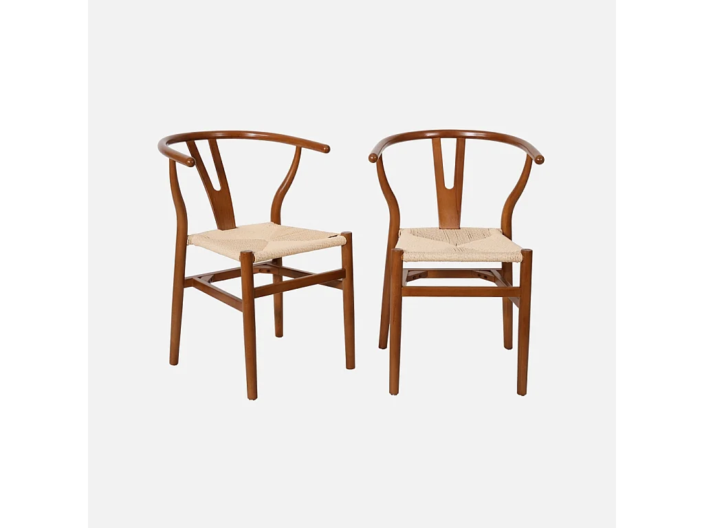 Silla de madera con asiento de cuerda, set de 2 nogal