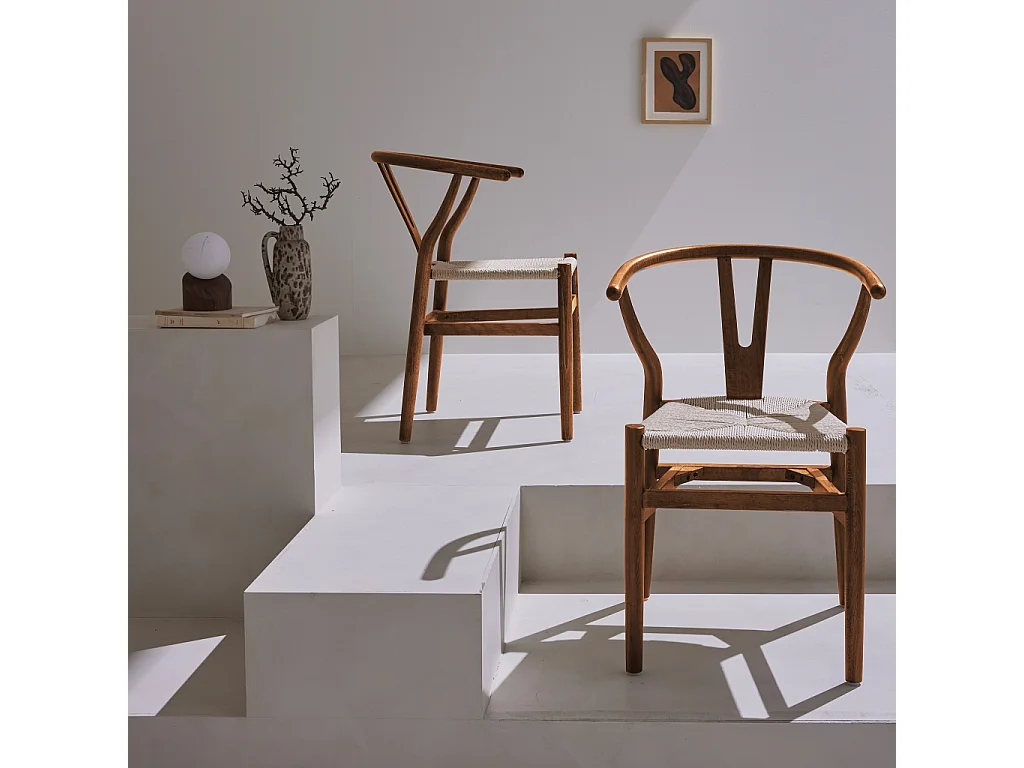Silla de madera con asiento de cuerda, set de 2 nogal