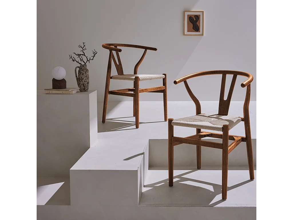 Silla de madera con asiento de cuerda, set de 2 nogal