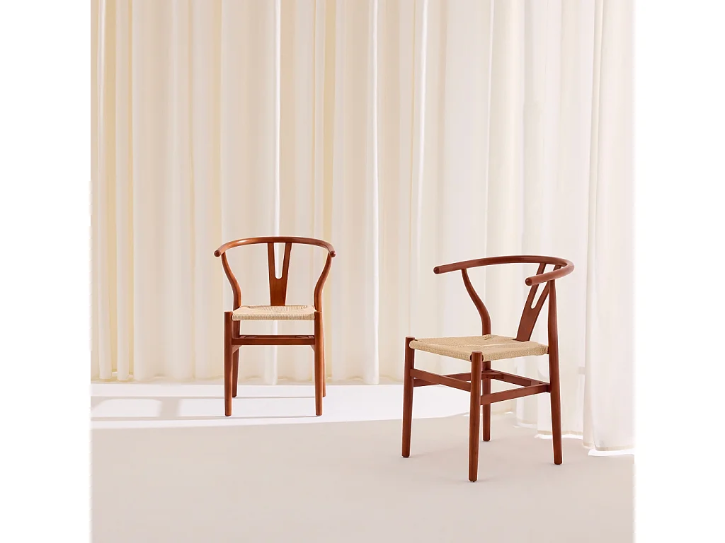 Silla de madera con asiento de cuerda, set de 2, Nogal