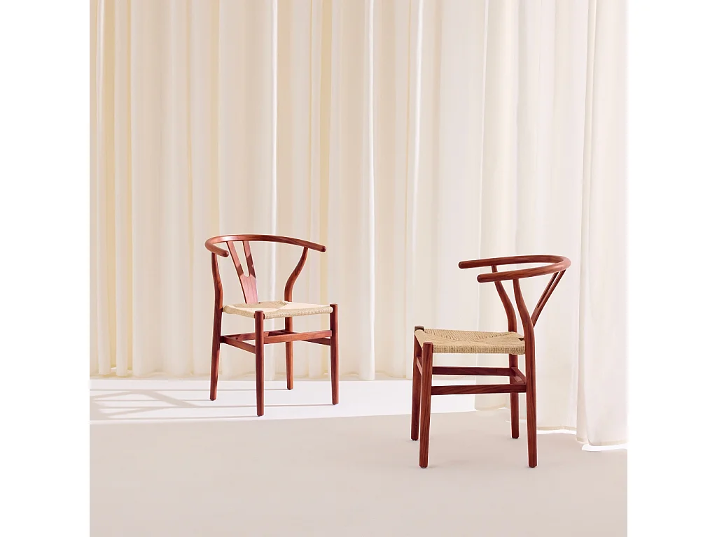 Silla de madera con asiento de cuerda, set de 2, Nogal