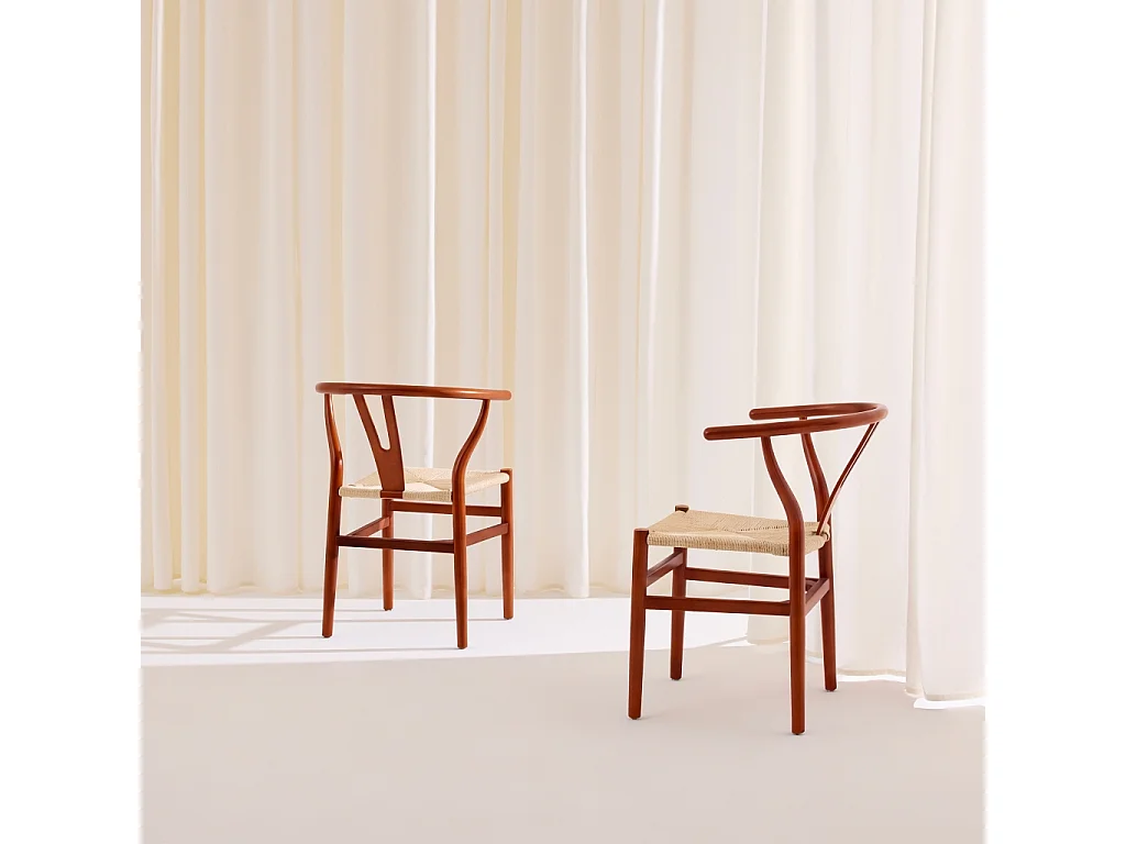 Silla de madera con asiento de cuerda, set de 2, Nogal