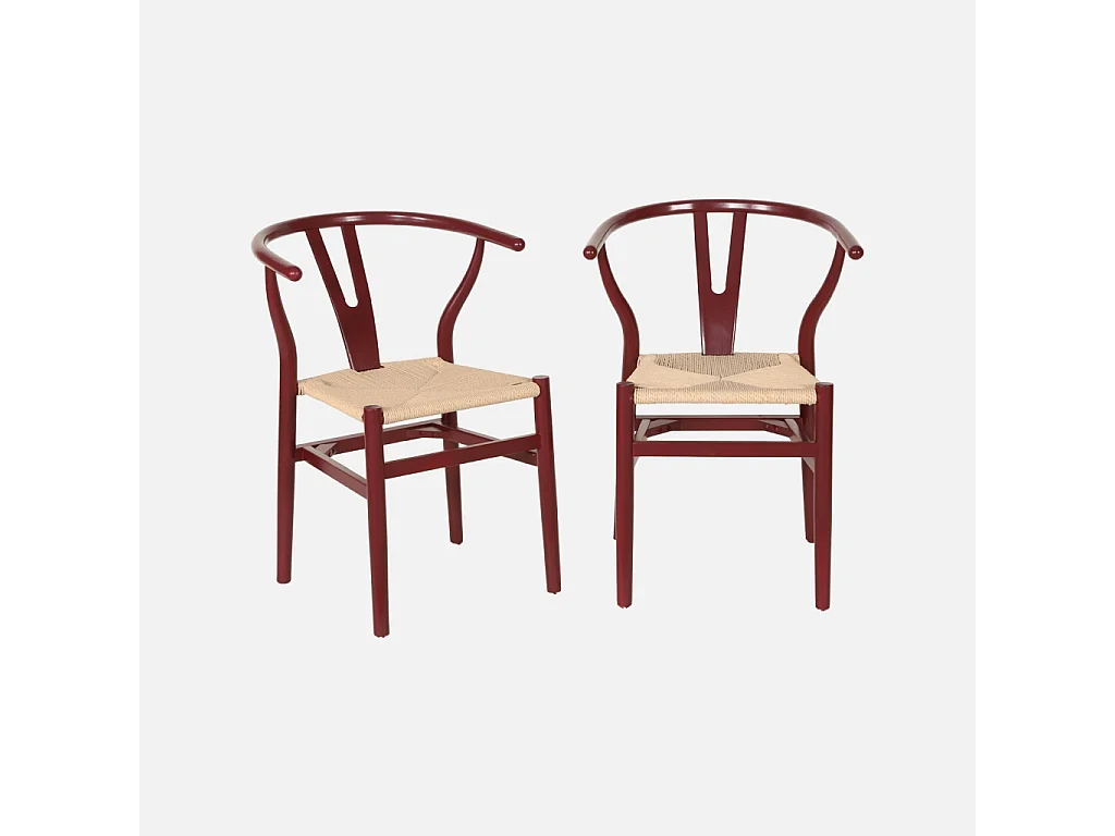 Silla de madera con asiento de cuerda, set de 2 burdeos